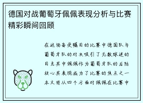 德国对战葡萄牙佩佩表现分析与比赛精彩瞬间回顾